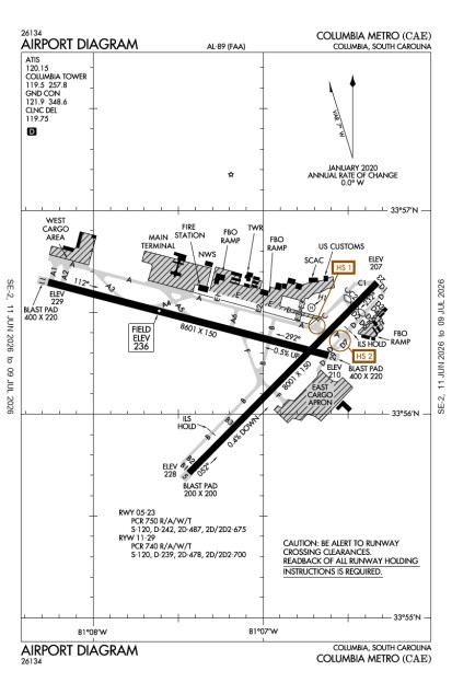 KCAE (Columbia Metropolitan) airport diagram